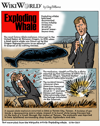 WikiWorld comic depiction of the exploding-whale incident, by Gary Williams.