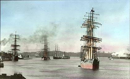 Sternwheelers wait to go through the Cascade Locks in the very early 1900s, shown in a hand-tinted picture postcard. These sternwheelers were built several decades too late to have been the one that rescued Nancy Boggs and her girls.