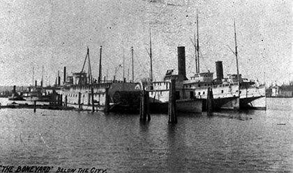 Sternwheelers wait to go through the Cascade Locks in the very early 1900s, shown in a hand-tinted picture postcard. These sternwheelers were built several decades too late to have been the one that rescued Nancy Boggs and her girls.