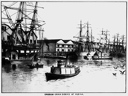 Sternwheelers wait to go through the Cascade Locks in the very early 1900s, shown in a hand-tinted picture postcard. These sternwheelers were built several decades too late to have been the one that rescued Nancy Boggs and her girls.