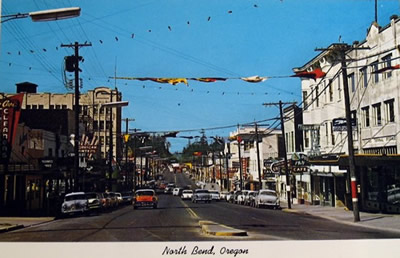 Postcard image of downtown North Bend, circa 1960