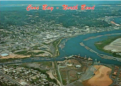 Postcard image of North Bend as seen from the air, circa 1975