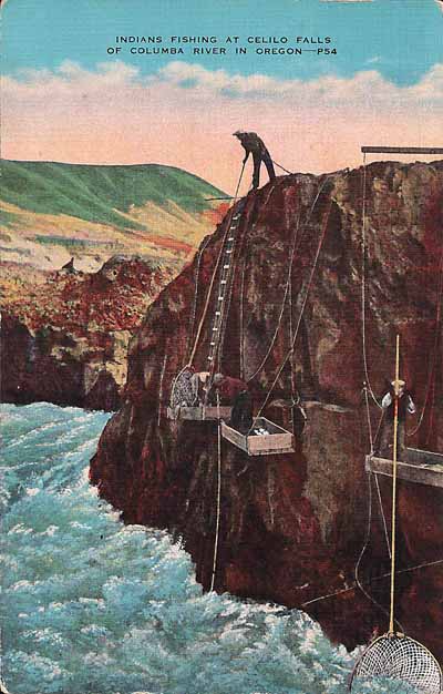 This image from a postcard, dating from the 1920s, shows Native Americans fishing at Celilo Falls.