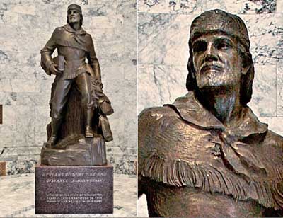 This statue of Marcus Whitman, in bronze, stands in the foyer of the Washington state capitol.
