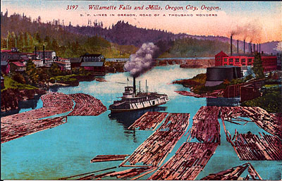 Willamette Falls and the Oregon City mills circa 1905, with sternwheeler and log rafts