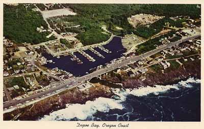 Postcard image showing aerial view of Depoe Bay.