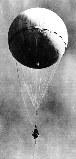 One of the Japanese balloon bombs, captured by the U.S. Army in relatively intact condition and reinflated for study in 1945.