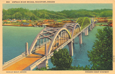 Conde McCullough's swing-span bridge across the Umpqua River at Reedsport. Conde McCullough's swing-span bridge across the Umpqua River at Reedsport.