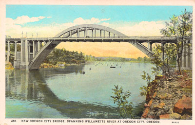Oregon City-West Linn bridge, shortly after construction in 1922. This bridge was made of concrete-coated steel, unlike most of McCullough's bridges, which tended to be steel-reinforced concrete. Oregon City-West Linn bridge, shortly after construction in 1922. This bridge was made of concrete-coated steel, unlike most of McCullough's bridges, which tended to be steel-reinforced concrete.