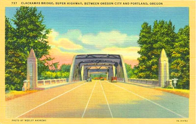 One of the few Conde McCullough bridges executed in steel rather than reinforced concrete, the Dr. John McLoughlin Memorial Bridge over the Clackamas River linking Oregon City with Gladstone was awarded the Annual Award of Merit for Most Beautiful Steel Bridge by the American Institute of Steel Constructors in 1933. One of the few Conde McCullough bridges executed in steel rather than reinforced concrete, the Dr. John McLoughlin Memorial Bridge over the Clackamas River linking Oregon City with Gladstone was awarded the Annual Award of Merit for Most Beautiful Steel Bridge by the American Institute of Steel Constructors in 1933.