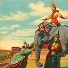 Clowns joke around with a circus elephant at the Ringling Bros.-Barnum and Bailey circus's winter quarters in Sarasota, Florida (postcard)